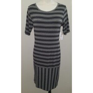NWT LulaRoe Julia Dress Size Medium Black Gray Stripes Horizontal Vertical